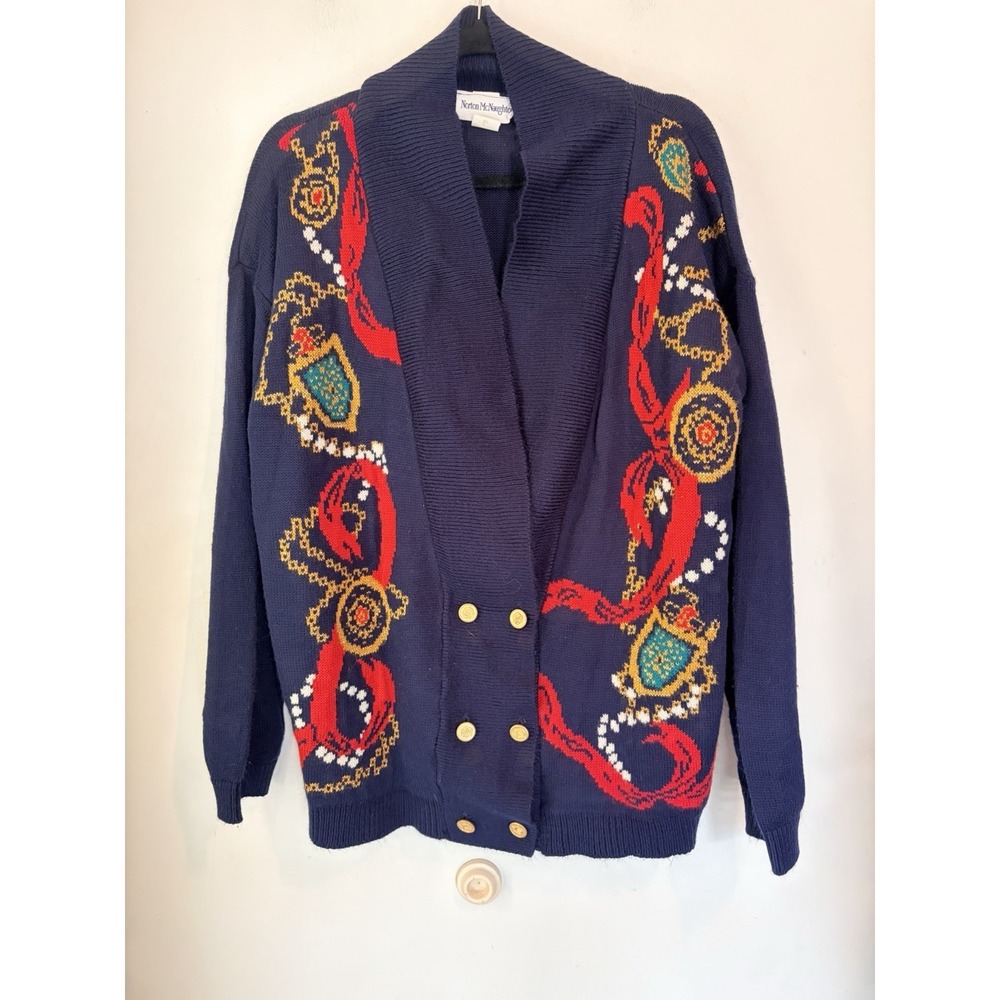 Vintage 90s Norton McNaughton Cardigan Navy‎ Nautical Chain Large Grannycore